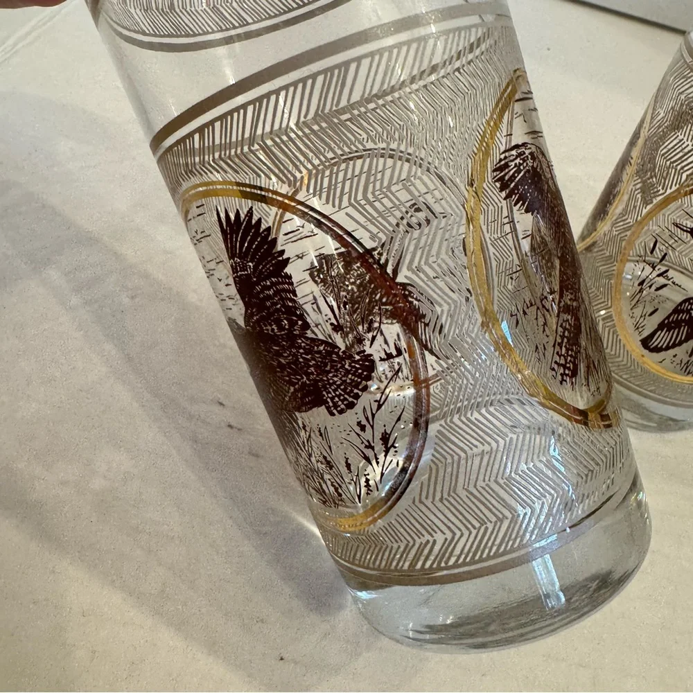 3 VTG 1970s MCM Libbey Highball Pheasant Glasses Game birds Brown Gold